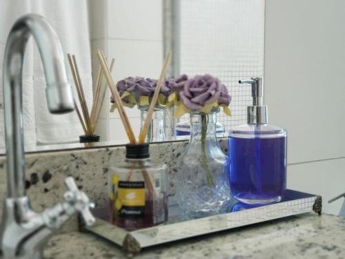 um balcão de cozinha com um lavatório com uma flor numa garrafa de vidro em Nature - Easy Life - Vaca Brava em Goiânia