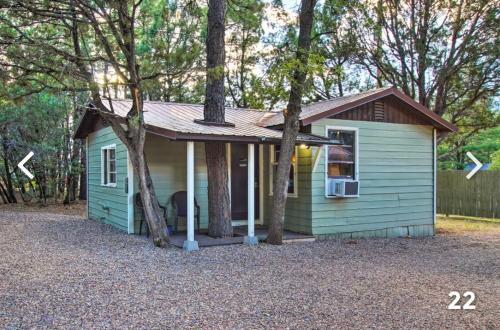 uma pequena casa verde com árvores em frente em Hidden Rest Cabins and Resort em Lake of the Woods