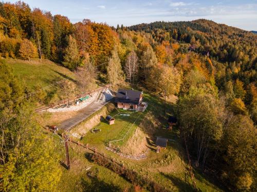 una vista aérea de una casa en una colina con árboles en Babiogórska Chata - dom z bali z jacuzzi i sauną, en Zawoja