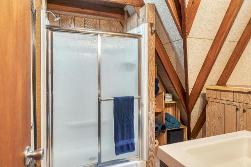 y baño con ducha y puerta de cristal. en 940 Silver Fox Chalet By Sarah Bernard Vacation Rentals, en Innsbrook