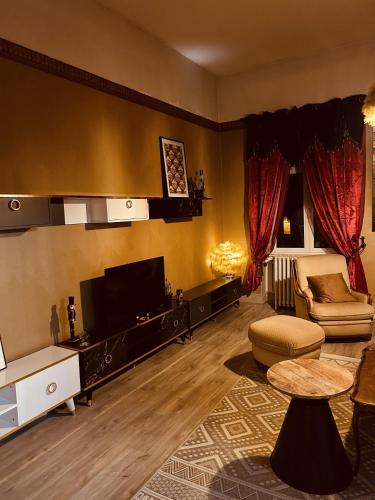 un salon avec une télévision à écran plat et un canapé dans l'établissement LA MARIEFACTURE - Comme à l'Opéra, à Neuf-Brisach