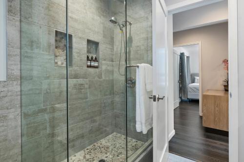 a shower with a glass door in a bathroom at Lovely North Hollywood House Near Universal in North Hollywood