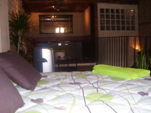 ein Schlafzimmer mit einem großen Bett mit grünen Kissen in der Unterkunft Casa Rural con Jacuzzi Taberna del Tio Pedro in Cabañas de Polendos