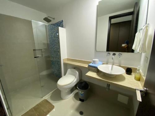 y baño con aseo, lavabo y ducha. en Apartamento Palmetto Eliptic 23 ICDI, en Cartagena de Indias