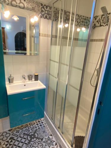 a bathroom with a shower and a sink at Alpinia in Sainte-Anne