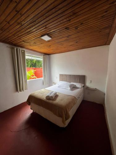 1 dormitorio con 1 cama grande y techo de madera en Casa do Chafariz Tiradentes, en Tiradentes