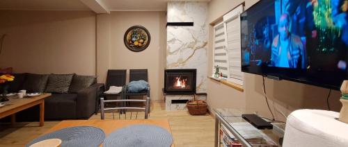 a living room with a couch and a fireplace at Ranczo Bieszczady duży Domek z Jacuzzi i Sauną in Mrzygłód