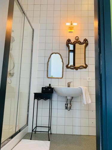 a bathroom with a sink and a mirror at De Lotuspoort met Mihr's B&B in de Abdij van Bornem in Bornem