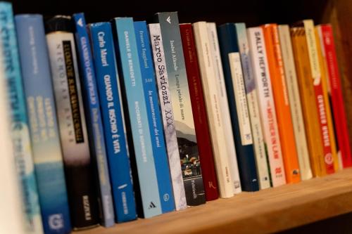 a row of books on a book shelf at Camana Veglia in Livigno