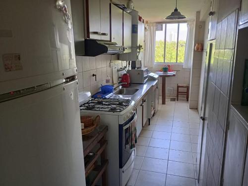 uma cozinha com um fogão branco e um lavatório em Apreciando la montaña em Mendoza