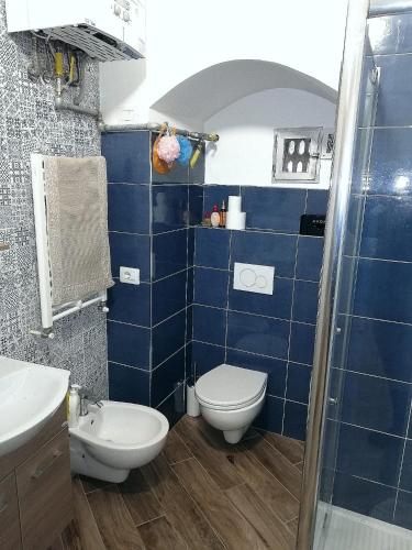 a blue tiled bathroom with a toilet and a sink at Vale & Ale in Altamura