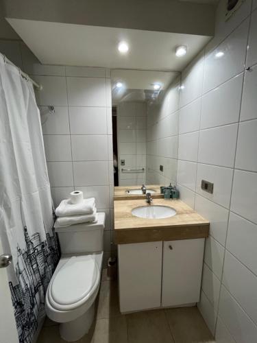 a bathroom with a toilet and a sink at Amoblados Chile Rent San Diego in Santiago