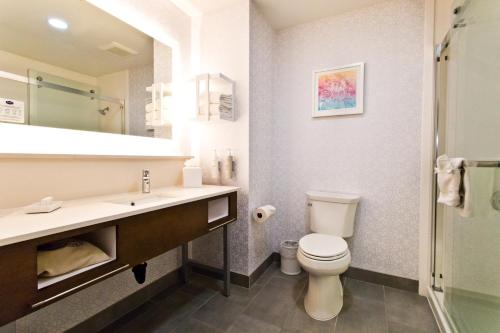 La salle de bains est pourvue de toilettes, d'un lavabo et d'un miroir. dans l'établissement Hampton Inn & Suites Sacramento-Auburn Boulevard, à Sacramento