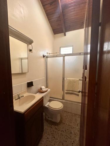 y baño con aseo, lavabo y ducha. en Villas del Mar, en La Ceiba