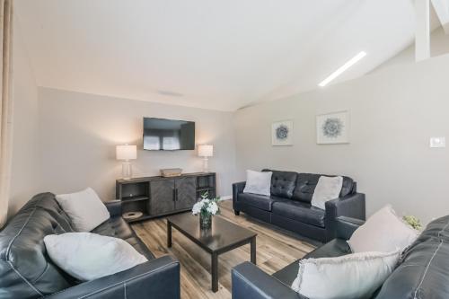 a living room with two couches and a tv at Memorial City Gem Sleeps 12 Fenced Yard in Houston