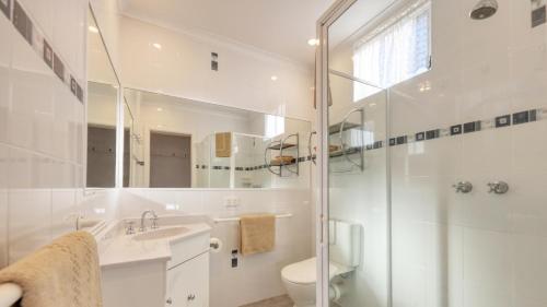 ein Bad mit einem WC, einem Waschbecken und einer Dusche in der Unterkunft Tumut Farrington motel in Tumut