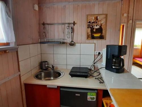 a small kitchen with a sink and a mixer at Holiday cottages for 4 people, Rusinowo in Rusinowo