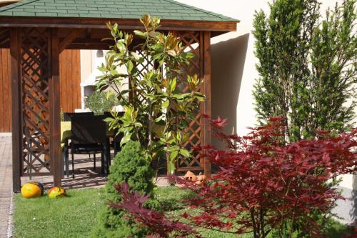 a garden with a gazebo and some plants at Gästehaus zum See in Illmitz
