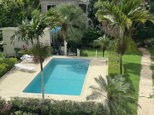 einen Pool mit Palmen im Hof in der Unterkunft Real Luxe Getaway-Club Caribbean in Salem