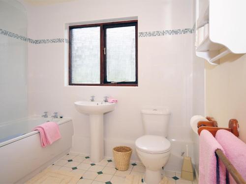 a white bathroom with a toilet and a sink at Gors Y Gader in Llanelltyd