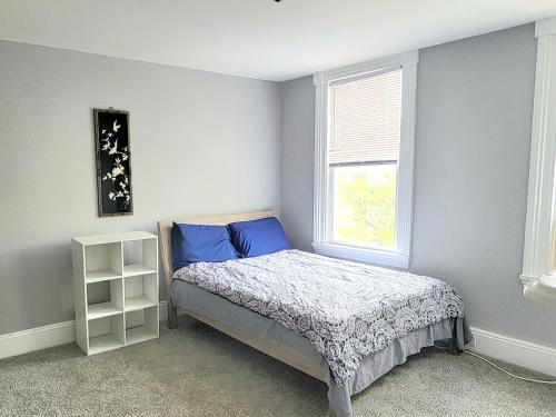 a bedroom with a bed with blue pillows and a window at Budget Bed Room near Downtown Inner Harbor w Free Parking in Baltimore