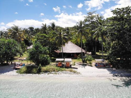 ギリ・アサハンにあるGili Asahan Eco Lodge & Restaurantの小屋とヤシの木と水のあるビーチ