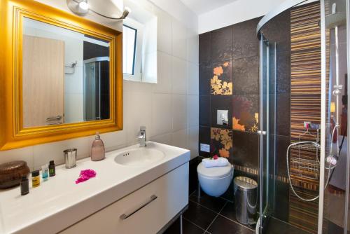 uma casa de banho com um lavatório, um chuveiro e um WC. em Red Rose Artistsvillas em Gaios