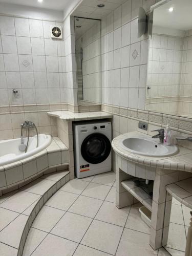 a bathroom with a washing machine and a sink at Agroturystyka Działoszyce in Działoszyce