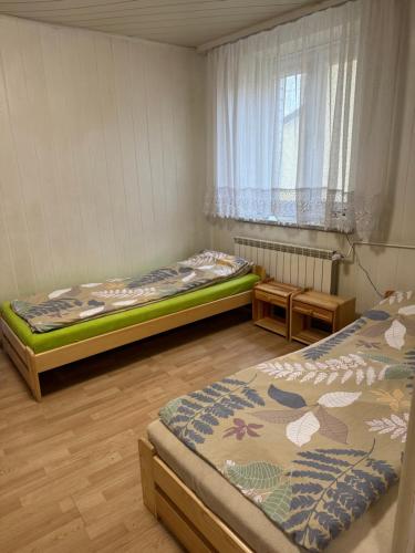 a bedroom with two beds and a window at Agroturystyka Działoszyce in Działoszyce