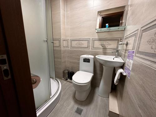 a small bathroom with a toilet and a sink at Terrace Tbilisi Center in Tbilisi City