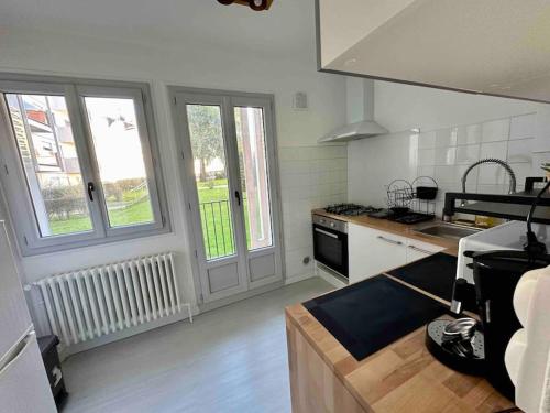 une cuisine avec un évier et une cuisinière dans l'établissement Appartement centre de Vichy, à Vichy