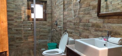 ein Bad mit einem WC, einem Waschbecken und einer Dusche in der Unterkunft White Dragon Hotel in Punākha