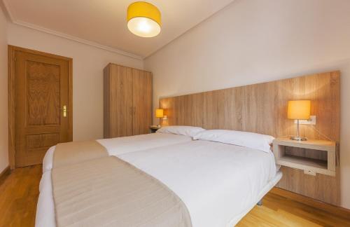 een slaapkamer met een groot wit bed in een kamer bij Apartamentos El Caxigu in Arenas de Cabrales