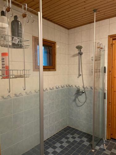 a bathroom with a shower with a glass door at Villa Salir - bedroom, kitchen and bathroom 