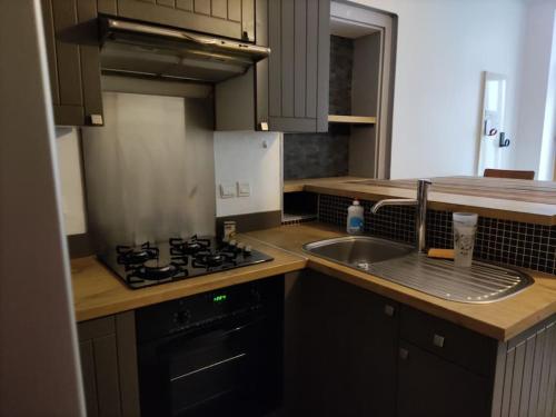 une cuisine avec une cuisinière et un évier dans l'établissement L'Atelier Cosy - Maison de village Atypique, à Saint-Georges-dʼEspéranche