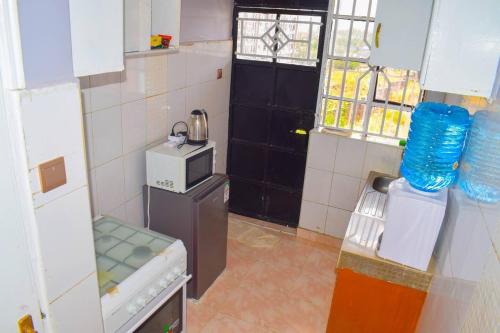 a small kitchen with a refrigerator and a window at EnZ lovely 2 bedroom Apartment Milimani Nakuru in Nakuru