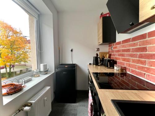 a kitchen with a brick wall and a stove top oven at Apartament Centrum Słupsk,WiFi-Netflix,dzieci I zwierzeta mile widziane! in Słupsk