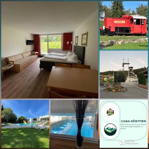 a collage of photos of a hotel room with a red truck at Casa Köstner in Sankt Englmar