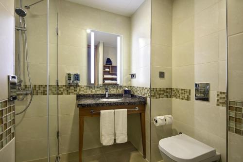 伊斯坦堡的住宿－希爾頓伊斯坦布爾阿塔科伊漢普頓酒店，一间带水槽、卫生间和淋浴的浴室