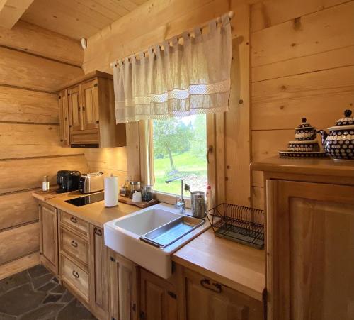- une cuisine avec évier et une fenêtre dans une cabine dans l'établissement Jurkowa Wola, à Jureczkowa
