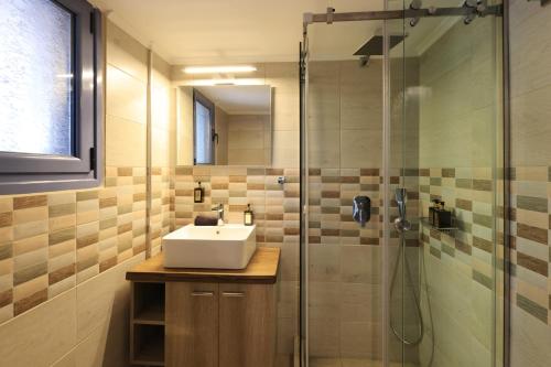 a bathroom with a sink and a glass shower at NJV plus K in Egina