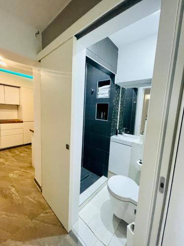 a bathroom with a toilet and a shower at Bambuus Garden & Spa in Drăgăşani