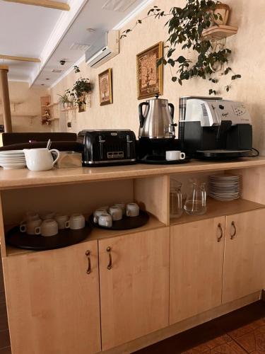 eine Küche mit einer Theke mit Geschirr und einer Mikrowelle in der Unterkunft Бобри плюс in Novovolynsʼk