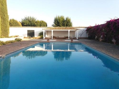 a large blue swimming pool in front of a house at La Capellania de Alvear in Montilla
