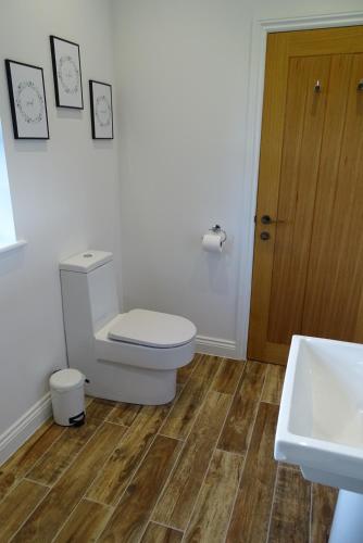 a white bathroom with a toilet and a sink at The Old Coach House in Llangollen