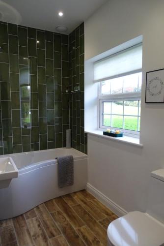 ein Bad mit einer Badewanne, einem WC und einem Fenster in der Unterkunft The Old Coach House in Llangollen