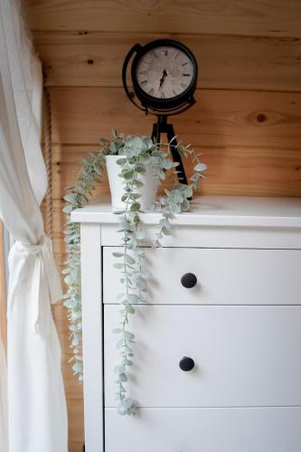 a clock sitting on top of a dresser with flowers at TO TU Chańcza Mały Domek z Balią in Raków