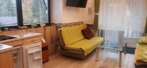 a living room with a yellow chair in a kitchen at Kamping u Łukasza in Zakopane