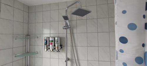 a bathroom with a shower with a shower head at Blu Home/Ferienwohnung in Ostrach