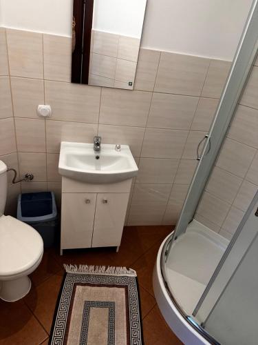 a bathroom with a toilet and a sink and a shower at Pokoje Gościnne Impresja Kadzidło in Kadzidło